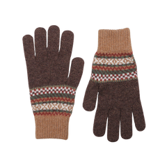 The Brown Lambswool Knitted Gloves by Mackie boast a classic design, highlighted by a striking band of red, green, white, and yellow across the center. These gloves provide both warmth and enduring style.