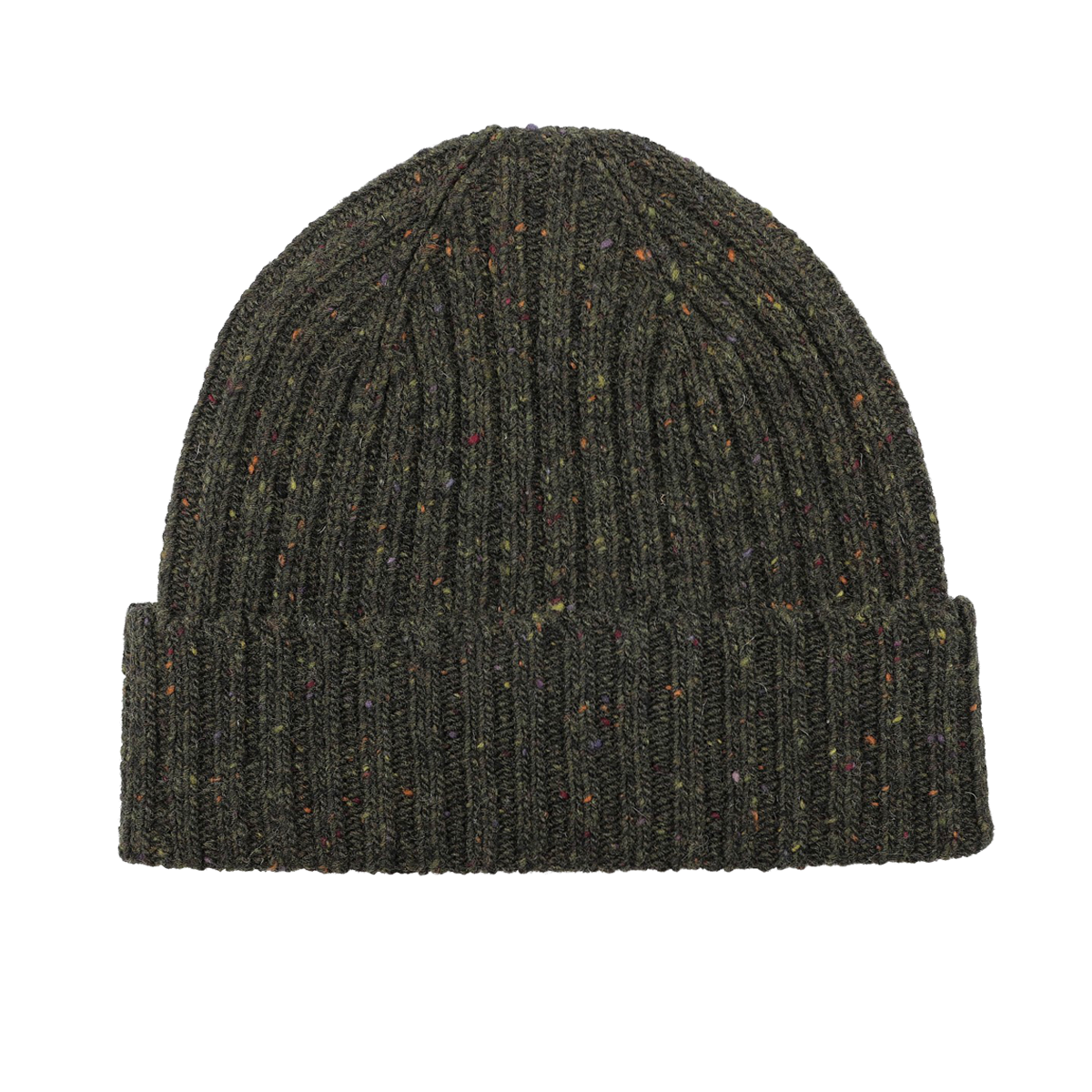 A Dark Green Melange Wool Donegal Beanie by Mackie, crafted from pure wool, showcases a ribbed design with a speckled texture and folded brim.