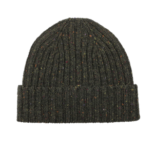 A Dark Green Melange Wool Donegal Beanie by Mackie, crafted from pure wool, showcases a ribbed design with a speckled texture and folded brim.