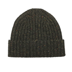 A Dark Green Melange Wool Donegal Beanie by Mackie, crafted from pure wool, showcases a ribbed design with a speckled texture and folded brim.