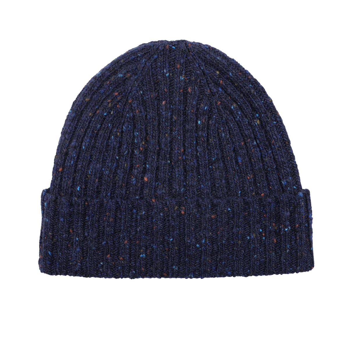 A Navy Blue Melange Wool Donegal Beanie by Mackie, featuring speckled detailing and a folded brim, crafted by a Scottish knitwear specialist.