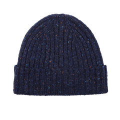 A Navy Blue Melange Wool Donegal Beanie by Mackie, featuring speckled detailing and a folded brim, crafted by a Scottish knitwear specialist.