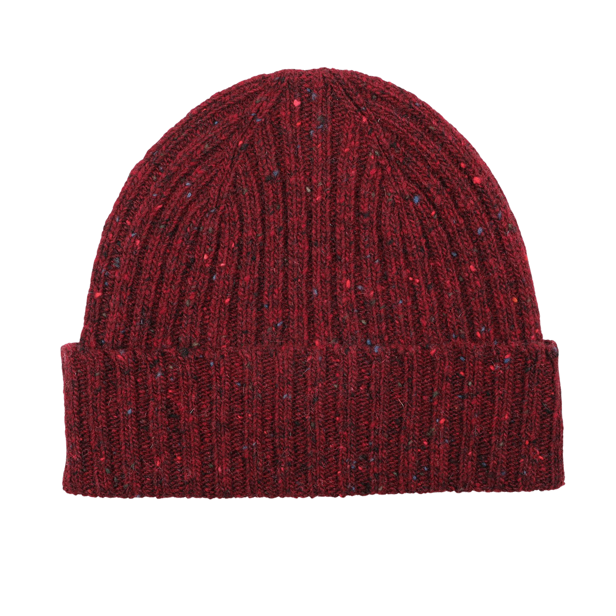 The Mackie Red Melange Wool Donegal Beanie, featuring a visible texture reminiscent of classic Scottish knitwear, is showcased against a white background.