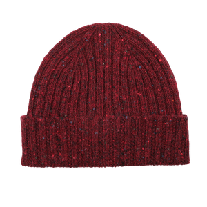 The Mackie Red Melange Wool Donegal Beanie, featuring a visible texture reminiscent of classic Scottish knitwear, is showcased against a white background.