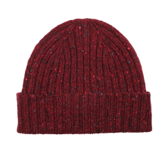 The Mackie Red Melange Wool Donegal Beanie, featuring a visible texture reminiscent of classic Scottish knitwear, is showcased against a white background.