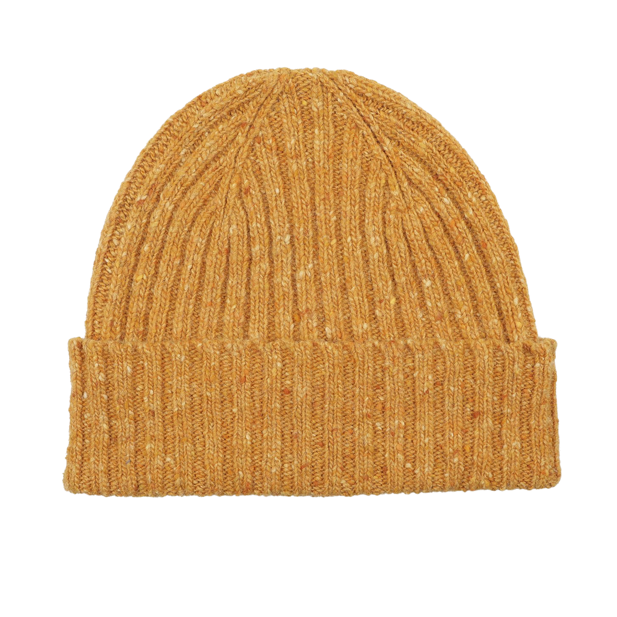 The Yellow Melange Wool Donegal Beanie by Mackie, featuring a folded brim and crafted from pure wool, sits elegantly on a white background.