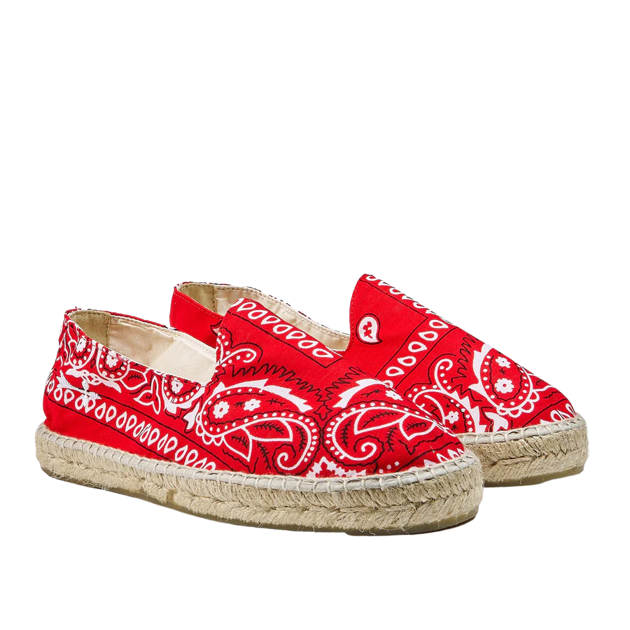 Red Cotton Bandana Print Espadrilles by Manebi with a jute sole on a transparent background.