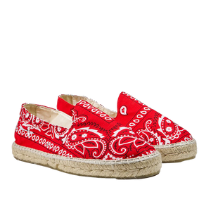 Red Cotton Bandana Print Espadrilles by Manebi with a jute sole on a transparent background.