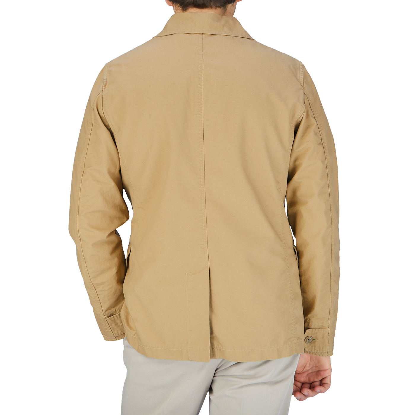 The back view of a man wearing a Manifattura Ceccarelli Camel Beige Ripstop Cotton Bush Jacket.