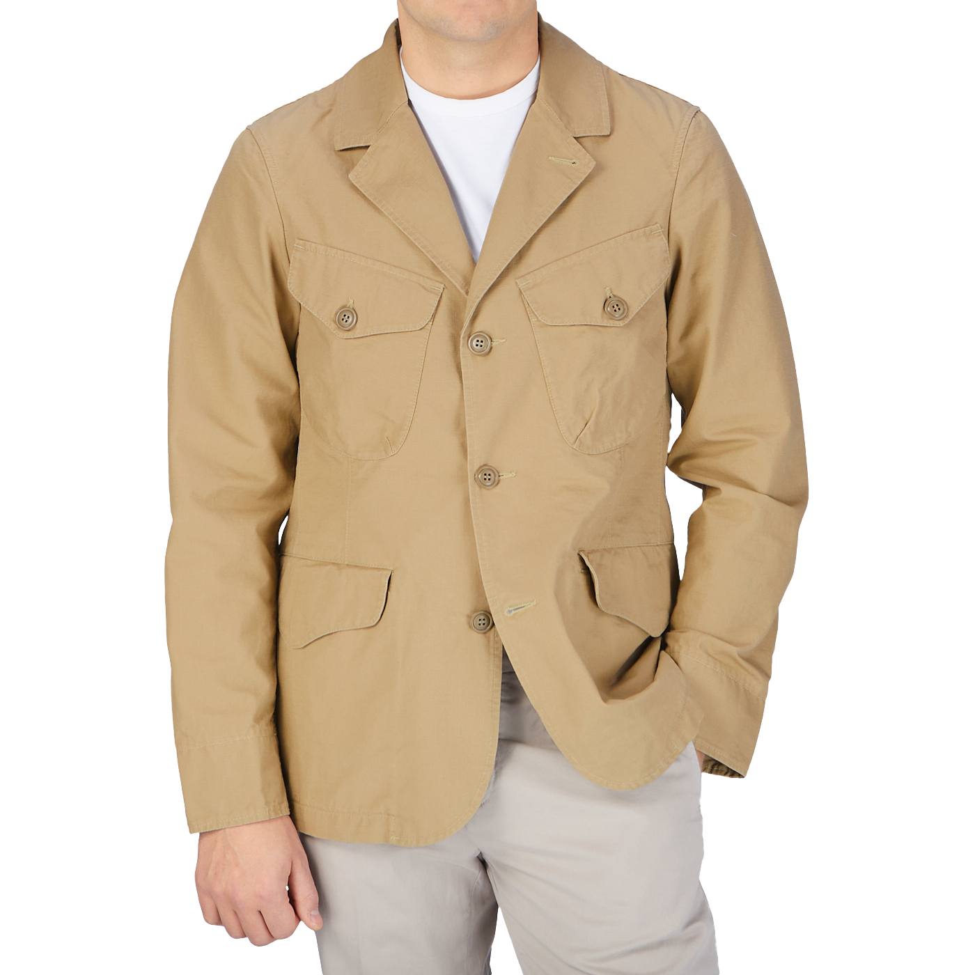 The man is wearing a Camel Beige Ripstop Cotton Bush Jacket made by Manifattura Ceccarelli.