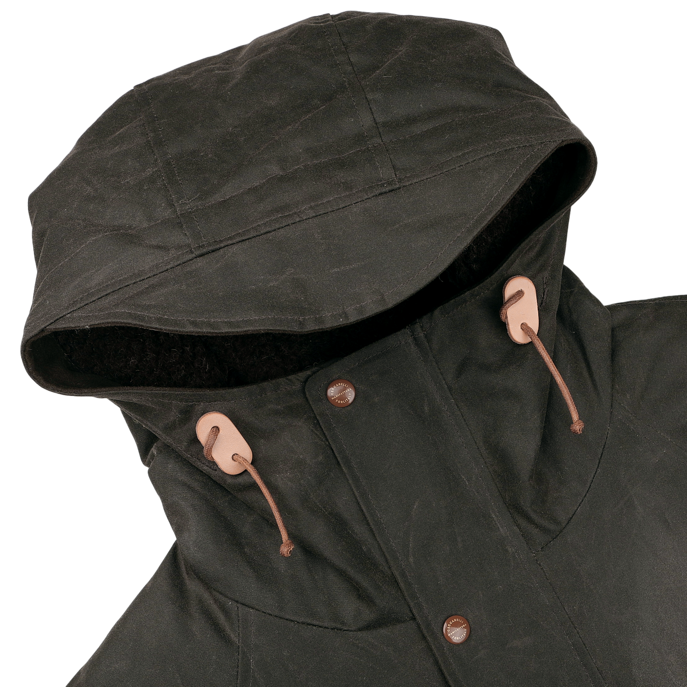 Manifattura Ceccarelli's Dark Green Waxed Cotton Mountain Parka, designed with tan drawstrings and dark buttons, displayed from an overhead perspective.