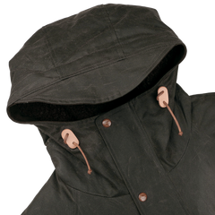 Manifattura Ceccarelli's Dark Green Waxed Cotton Mountain Parka, designed with tan drawstrings and dark buttons, displayed from an overhead perspective.