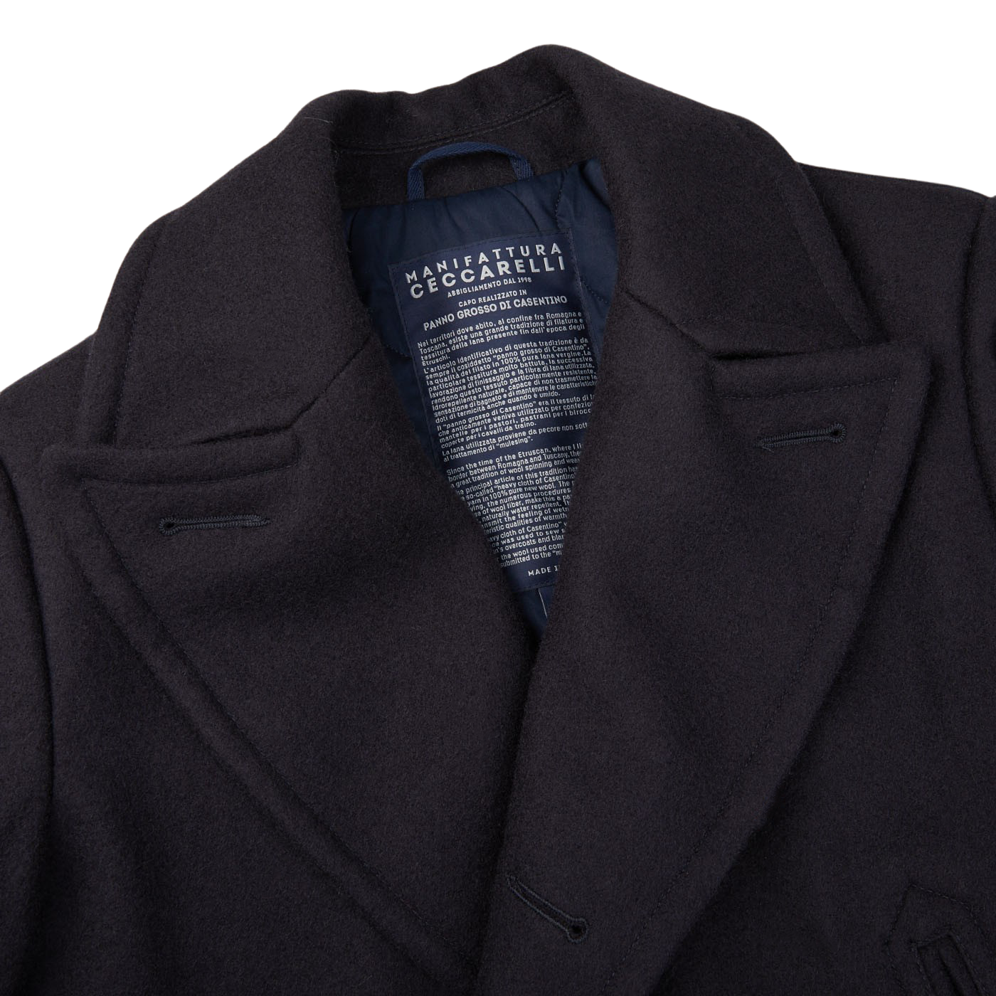 A Navy Blue Heavy Wool Casentino Peacoat with a label by Manifattura Ceccarelli.