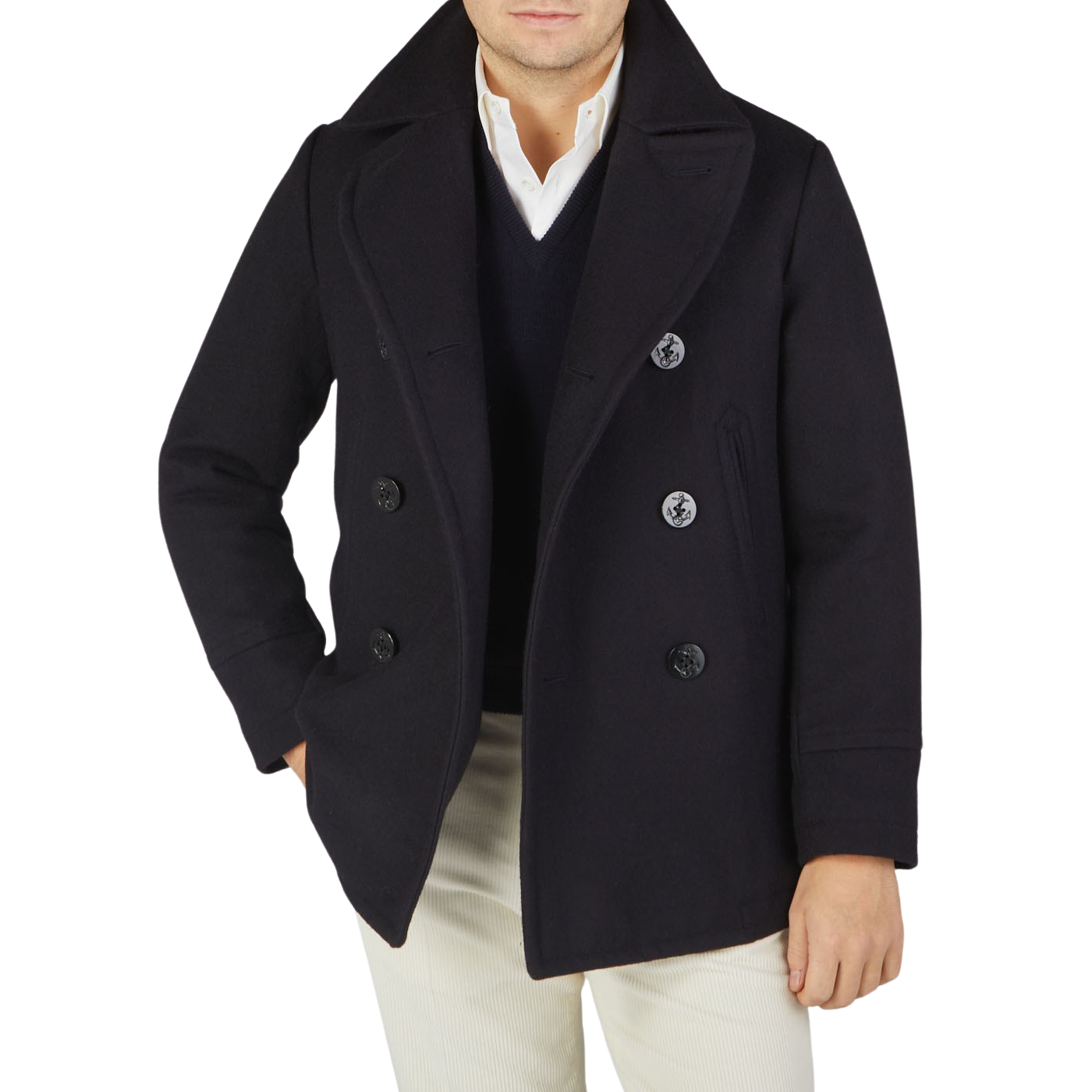 A man wearing a Navy Blue Heavy Wool Casentino Peacoat with a Casentino finish from Manifattura Ceccarelli.