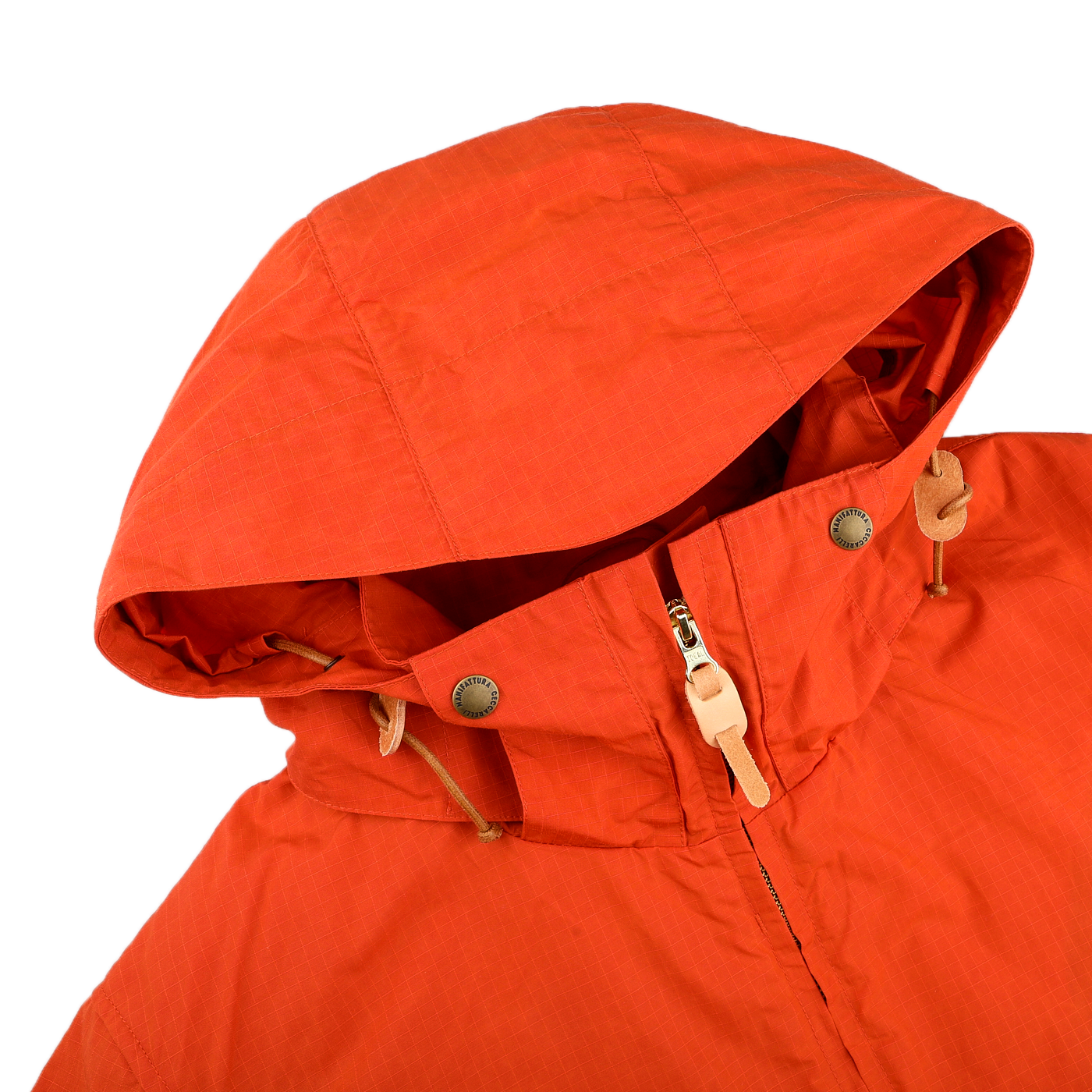 The Orange Cotton Nylon Ripstop All Seasons Blazer Coat by Manifattura Ceccarelli, featuring a front zipper and tan drawstrings, is laid flat.