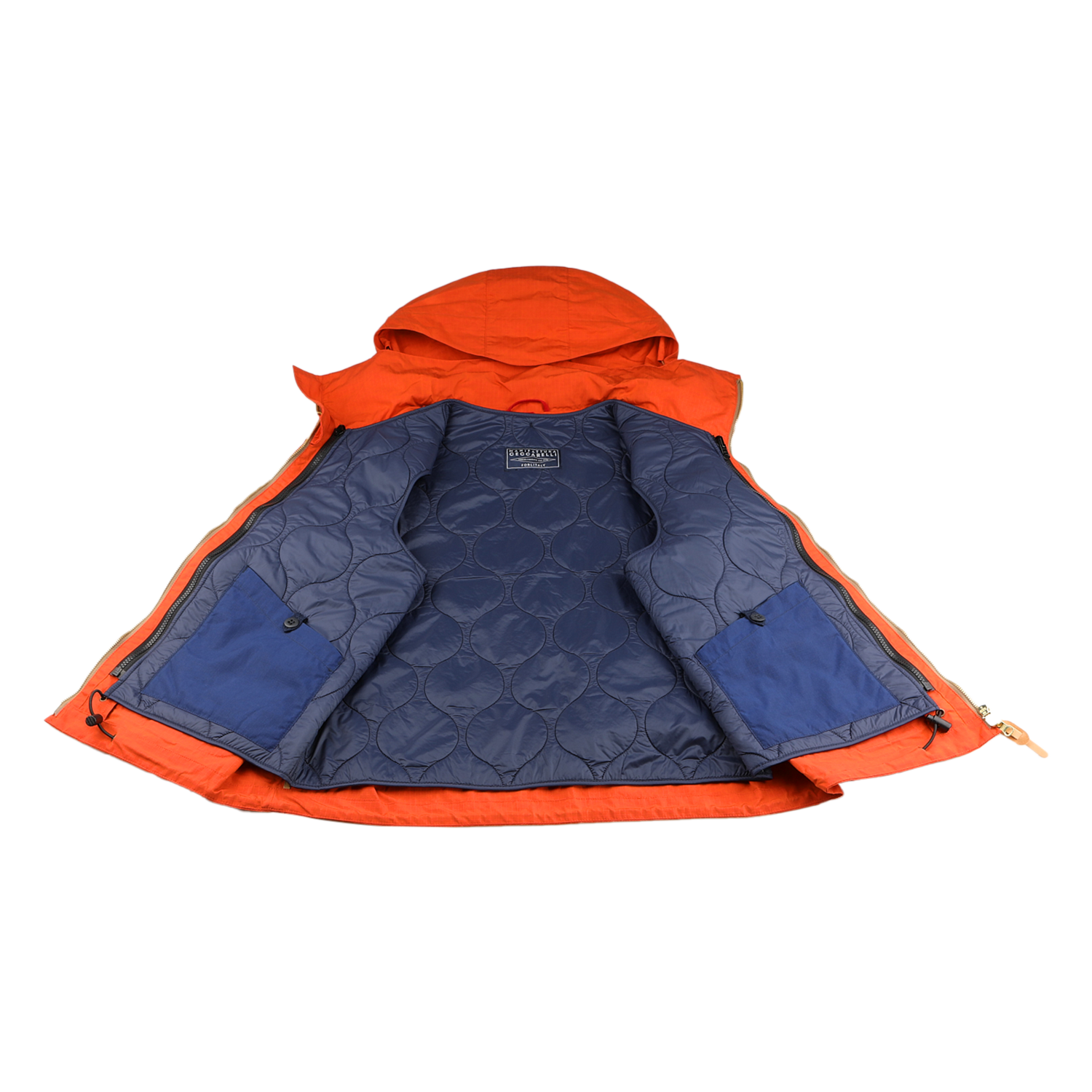 Open display of Manifattura Ceccarelli's Orange Cotton Nylon Ripstop All Seasons Blazer Coat reveals a blue quilted lining and hood, crafted from durable ripstop fabric, and features two visible interior pockets.