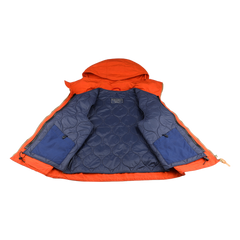 Open display of Manifattura Ceccarelli's Orange Cotton Nylon Ripstop All Seasons Blazer Coat reveals a blue quilted lining and hood, crafted from durable ripstop fabric, and features two visible interior pockets.