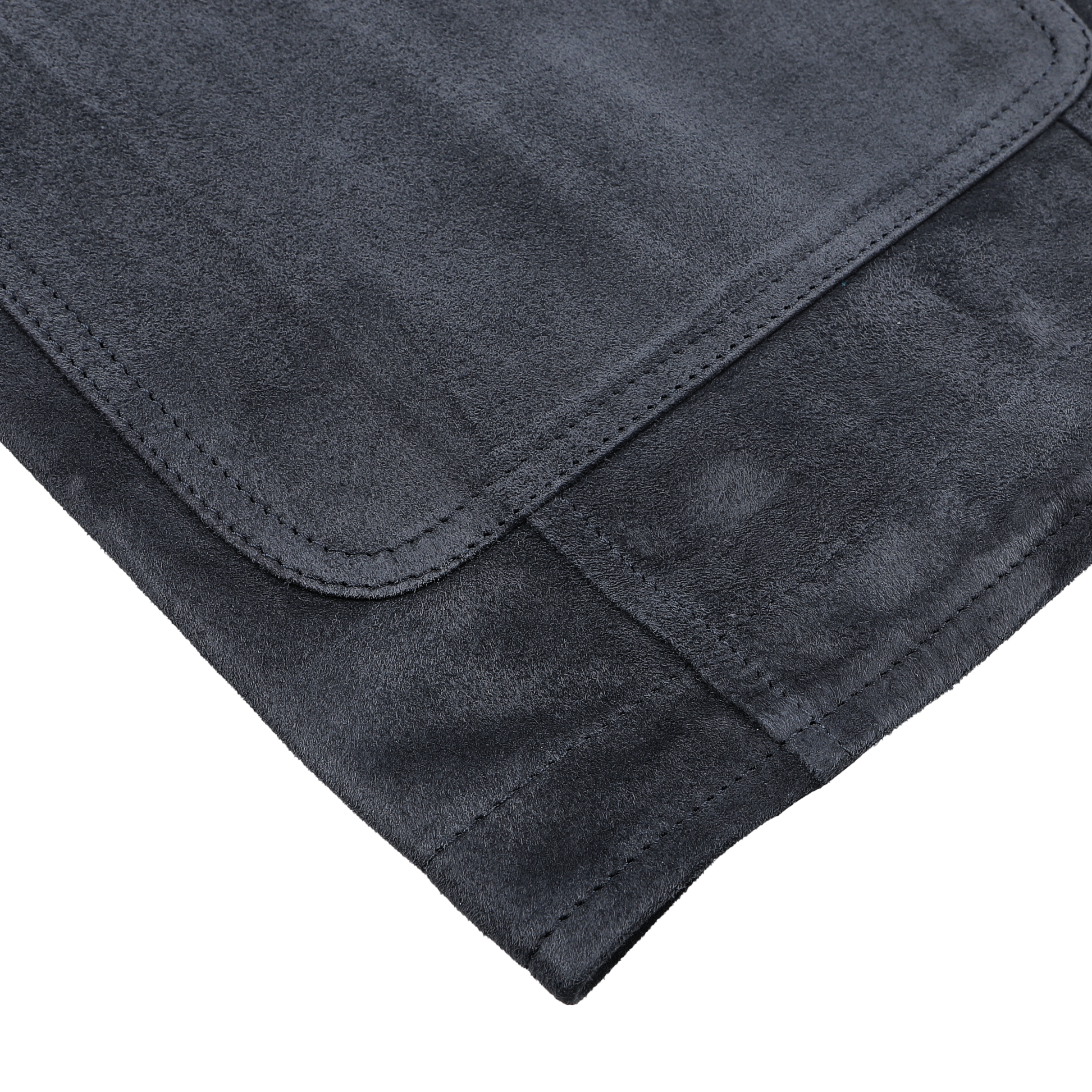 Close-up of a folded dark gray fabric mat with visible stitching details, echoing the meticulous craftsmanship of Manto's Denim Blue Suede Unlined Jacket, on a white background.