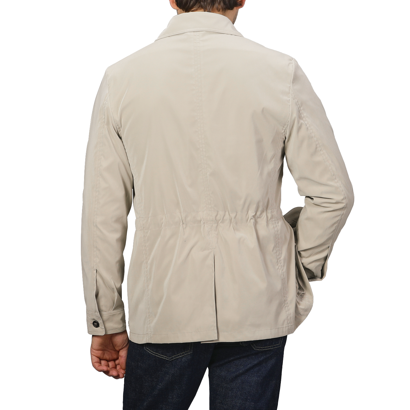 A person is shown from the back in a Manto Khaki Beige Ultrafine Microfibre Safari Jacket and dark jeans against a neutral background.