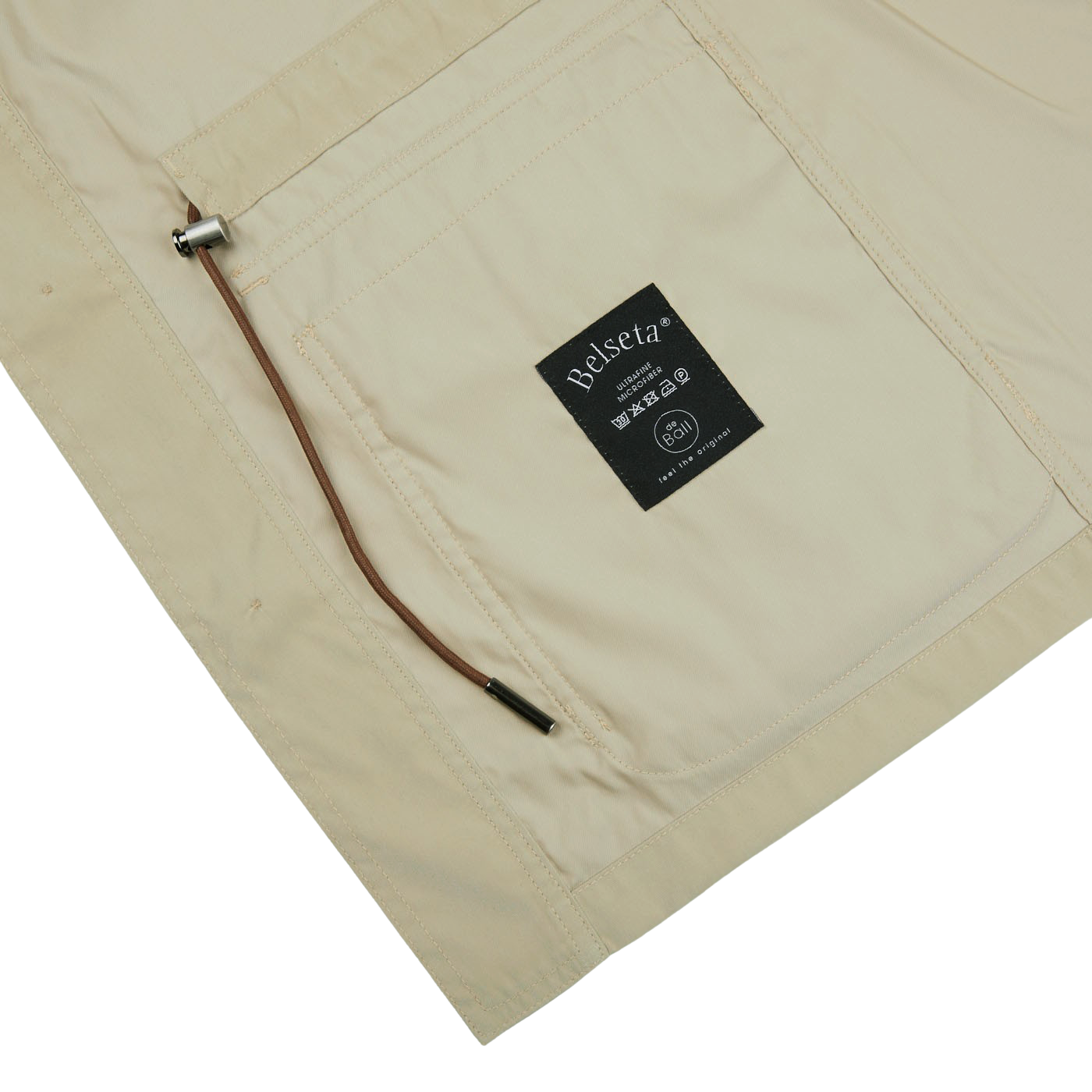 The Khaki Beige Ultrafine Microfiber Safari Jacket by Manto with a black label.