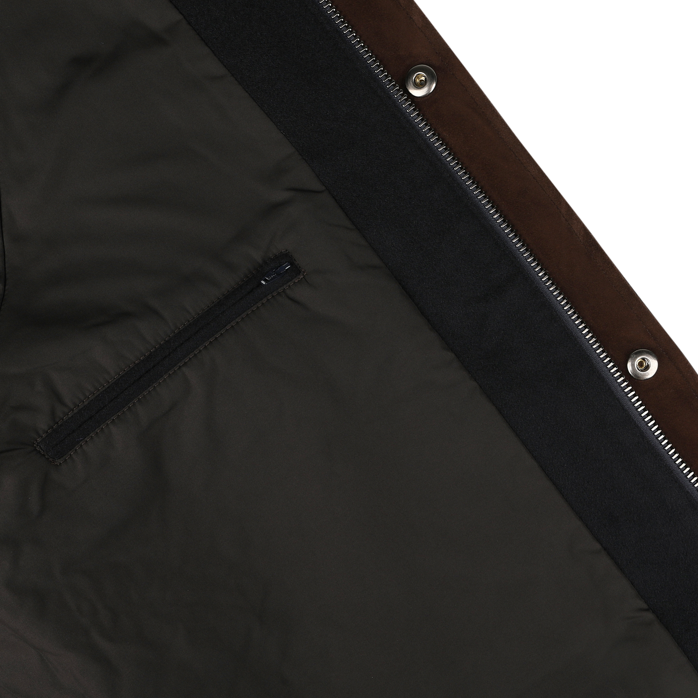 Close-up of the Navy Blue Cashmere Car Coat by Manto, showcasing a front zipper, a side pocket with a zipper, and a luxurious cashmere outer featuring classy brown collar detail.