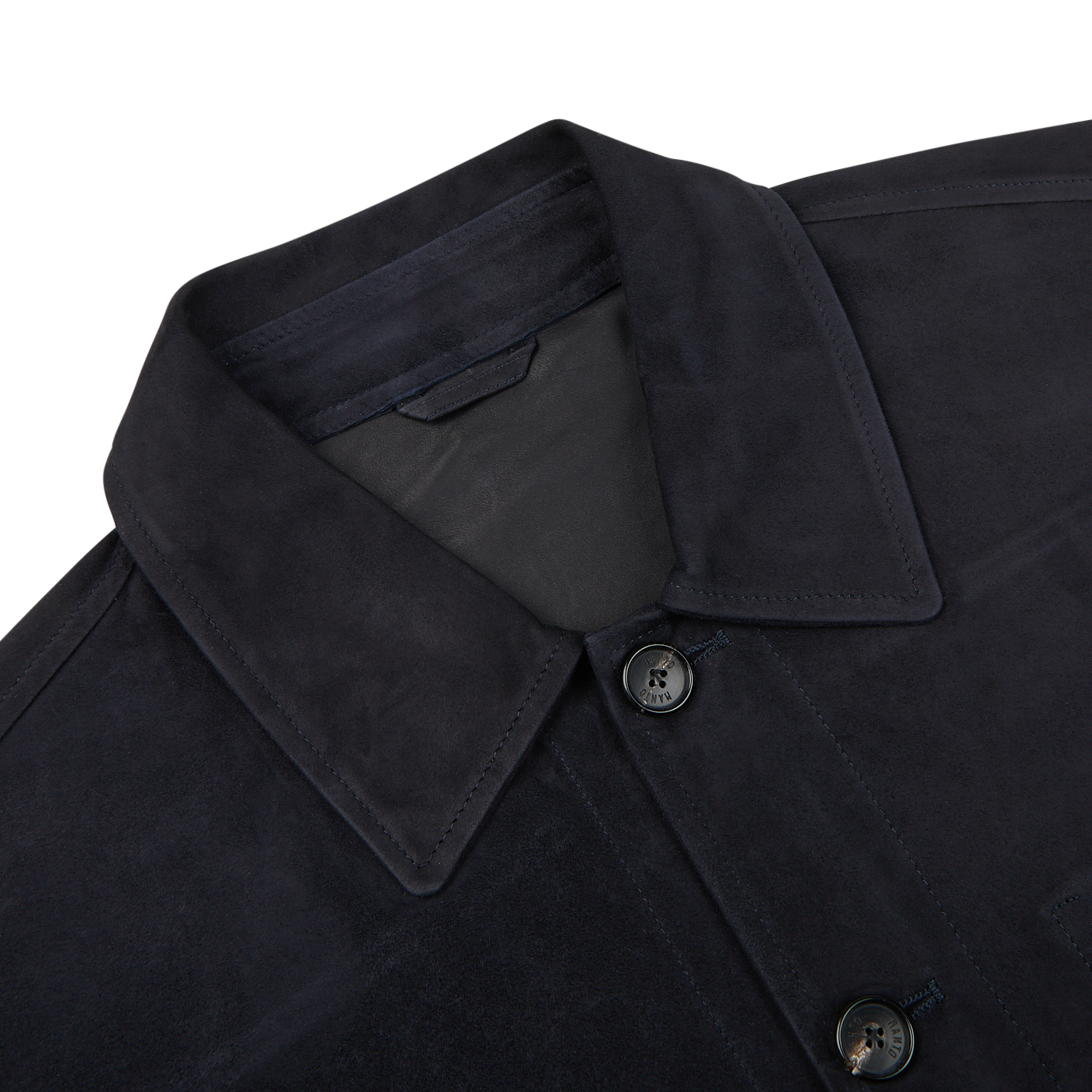 A close up of a Manto navy blue suede leather overshirt.