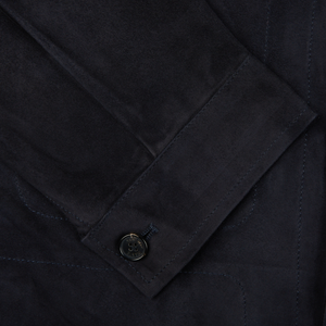A close up image of a Manto Navy Blue Suede Leather Overshirt.