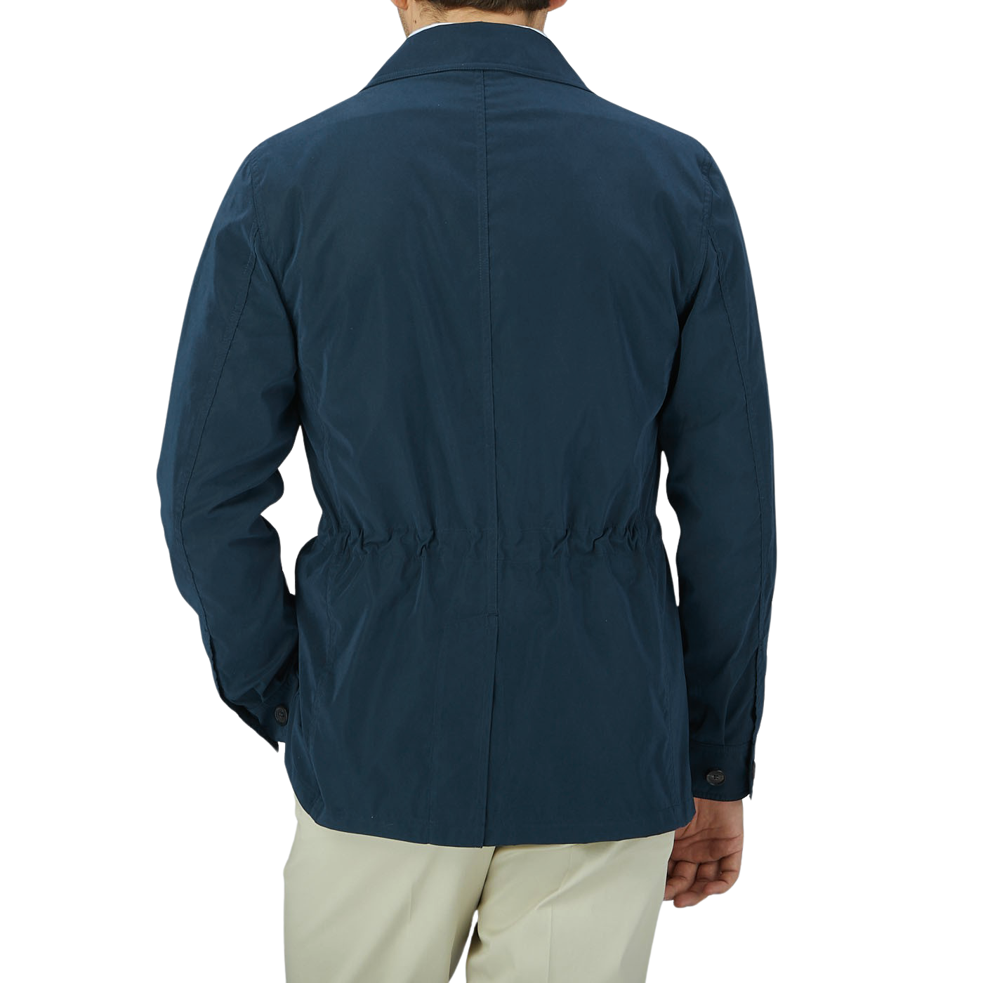 The back view of a man wearing a Manto Navy Blue Ultrafine Microfiber Safari Jacket.