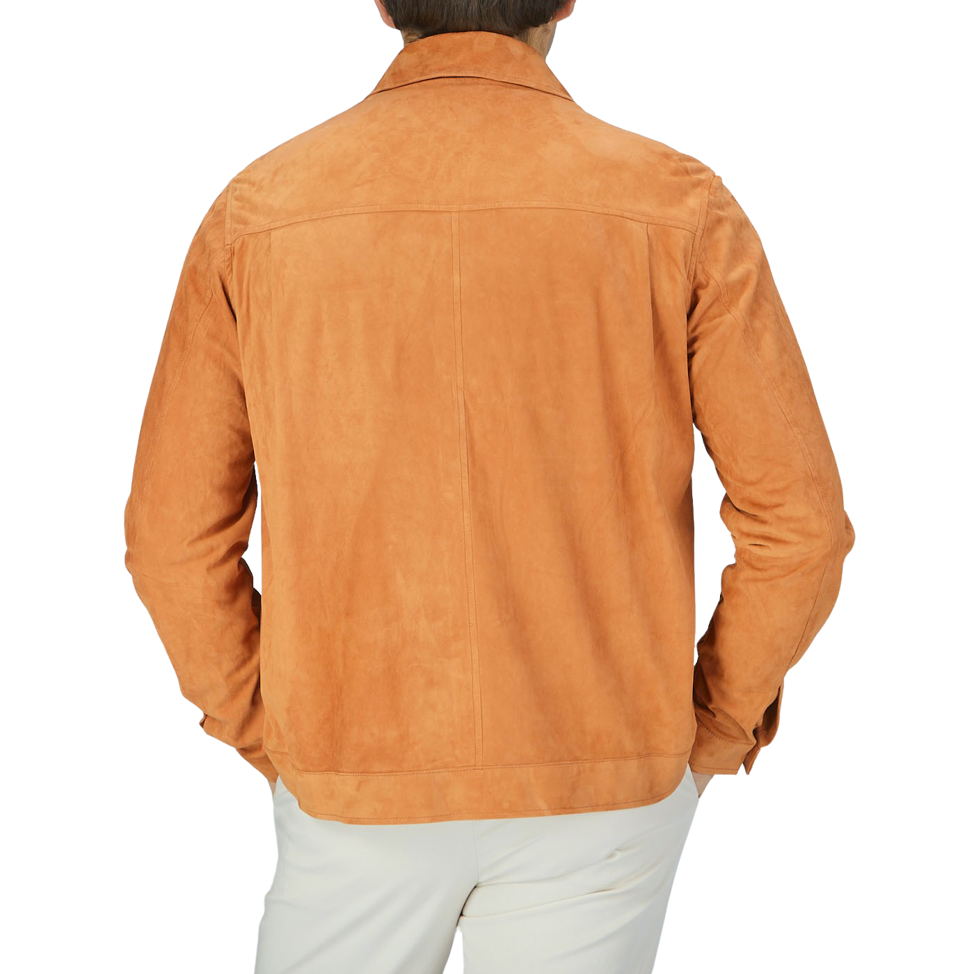 The back view of a man wearing a Manto Bright Tan Suede Leather Overshirt.