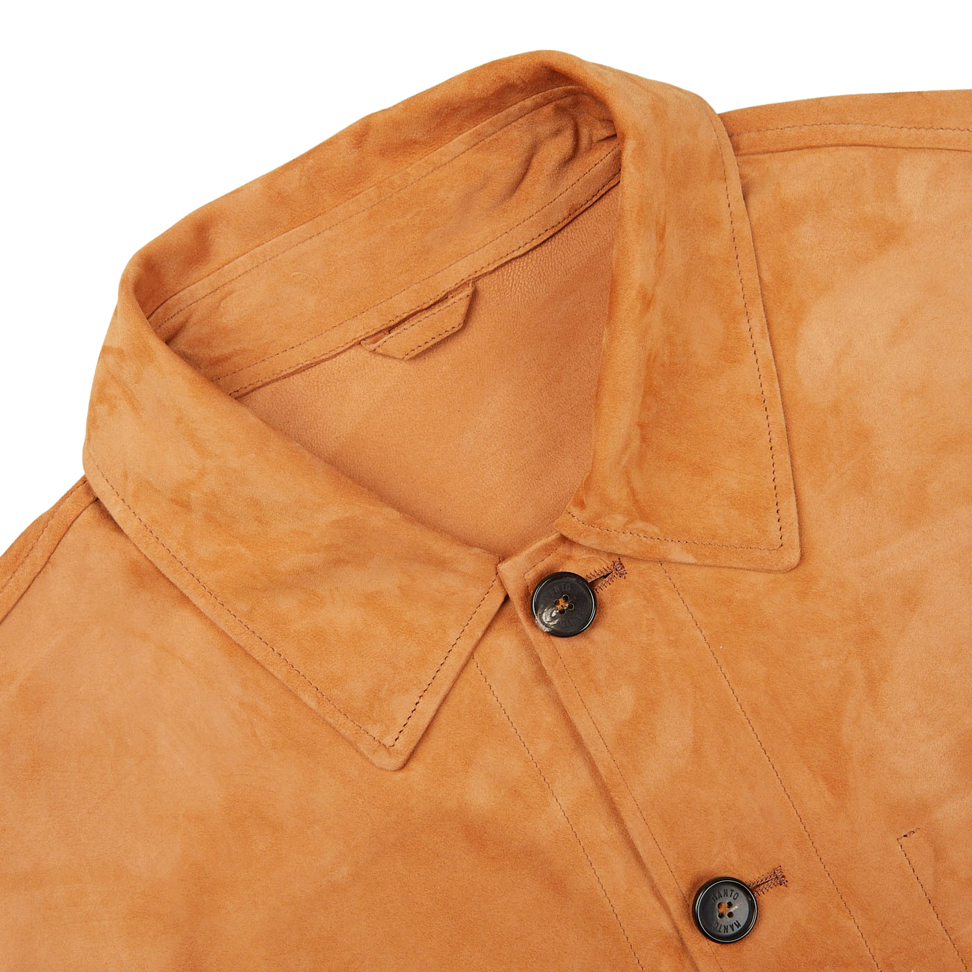 A close up image of a Manto Bright Tan Suede Leather Overshirt.