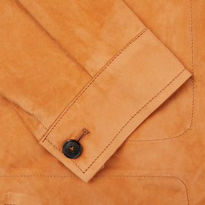 A close up image of a Manto Bright Tan Suede Leather Overshirt.