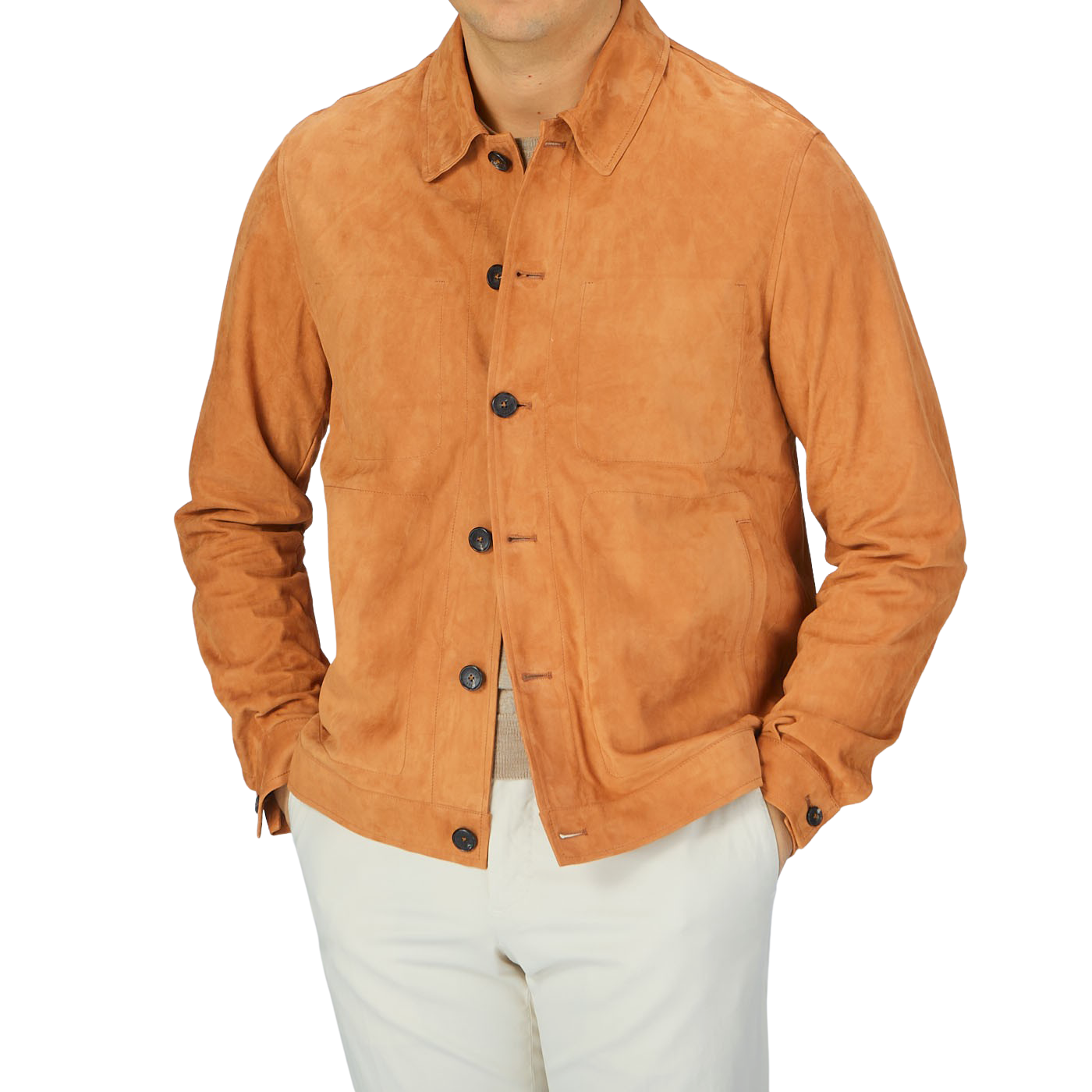 The man is wearing a Manto Bright Tan Suede Leather Overshirt.