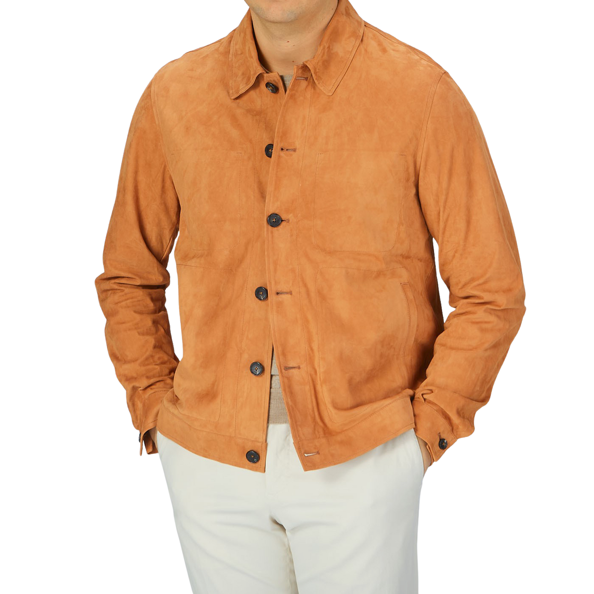 The man is wearing a Manto Bright Tan Suede Leather Overshirt.