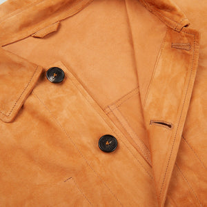 A close up of a Manto Bright Tan Suede Leather Overshirt.
