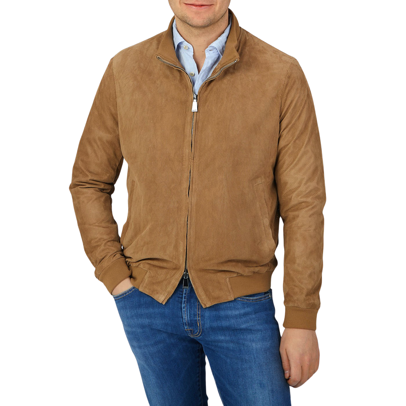 A man wearing a Manto Tobacco Brown Perforated Suede Leather Blouson.
