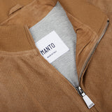 A close up of a Manto Tobacco Brown Perforated Suede Leather Blouson jacket.