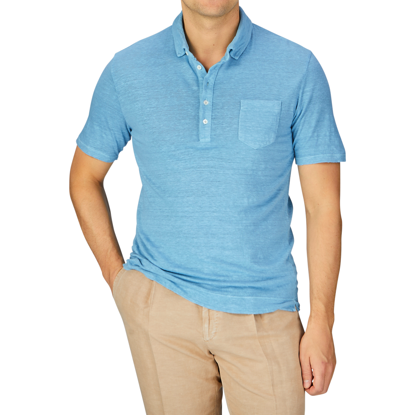 Man wearing a Massimo Alba Aqua Blue Linen Polo Shirt and beige trousers.