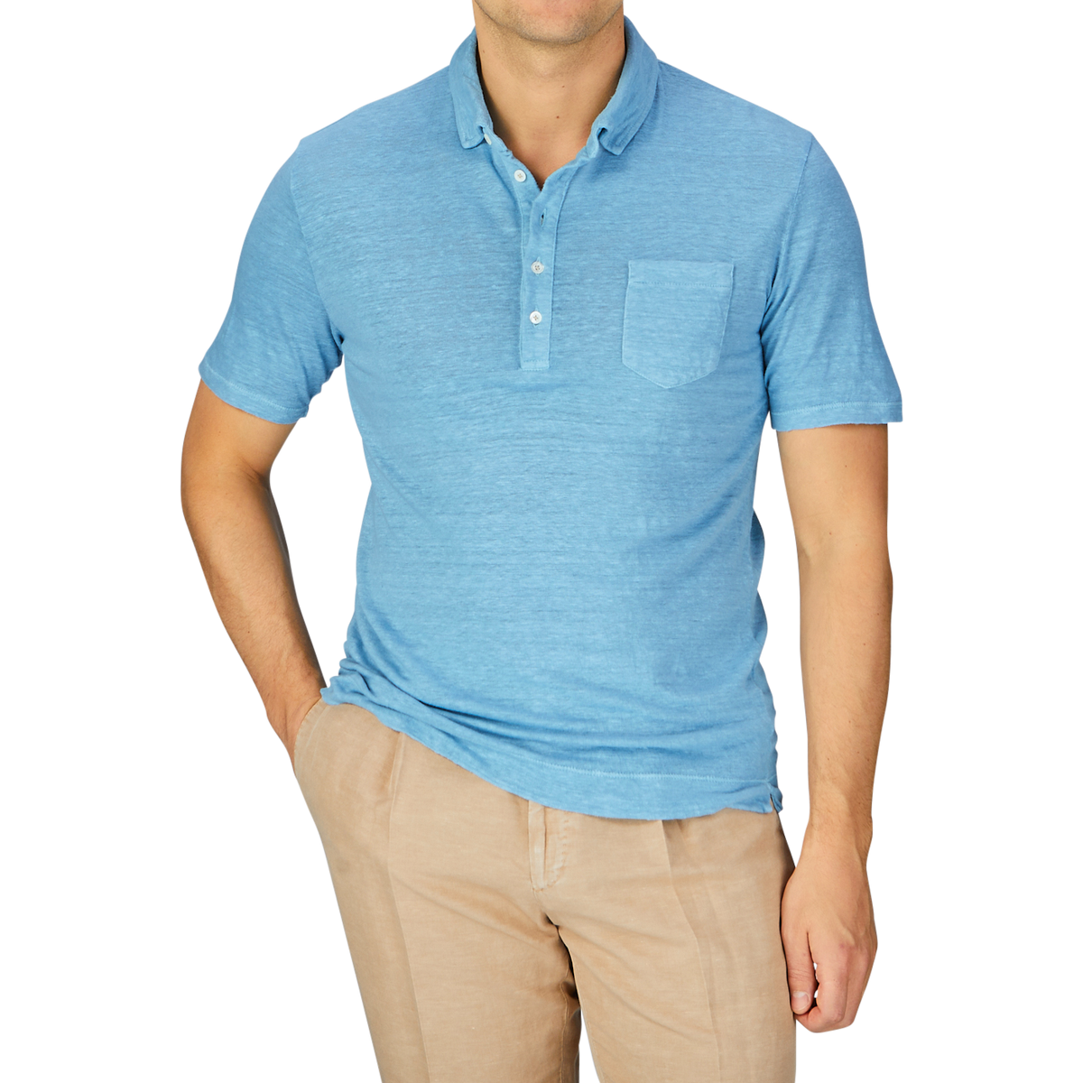 Man wearing a Massimo Alba Aqua Blue Linen Polo Shirt and beige trousers.