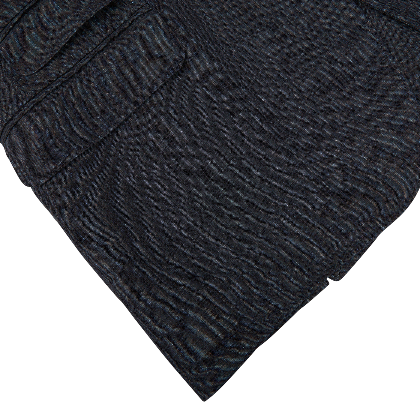 Close-up of a dark navy Massimo Alba Black Washed Linen Unstructured Blazer fabric with pocket detail on a white background.