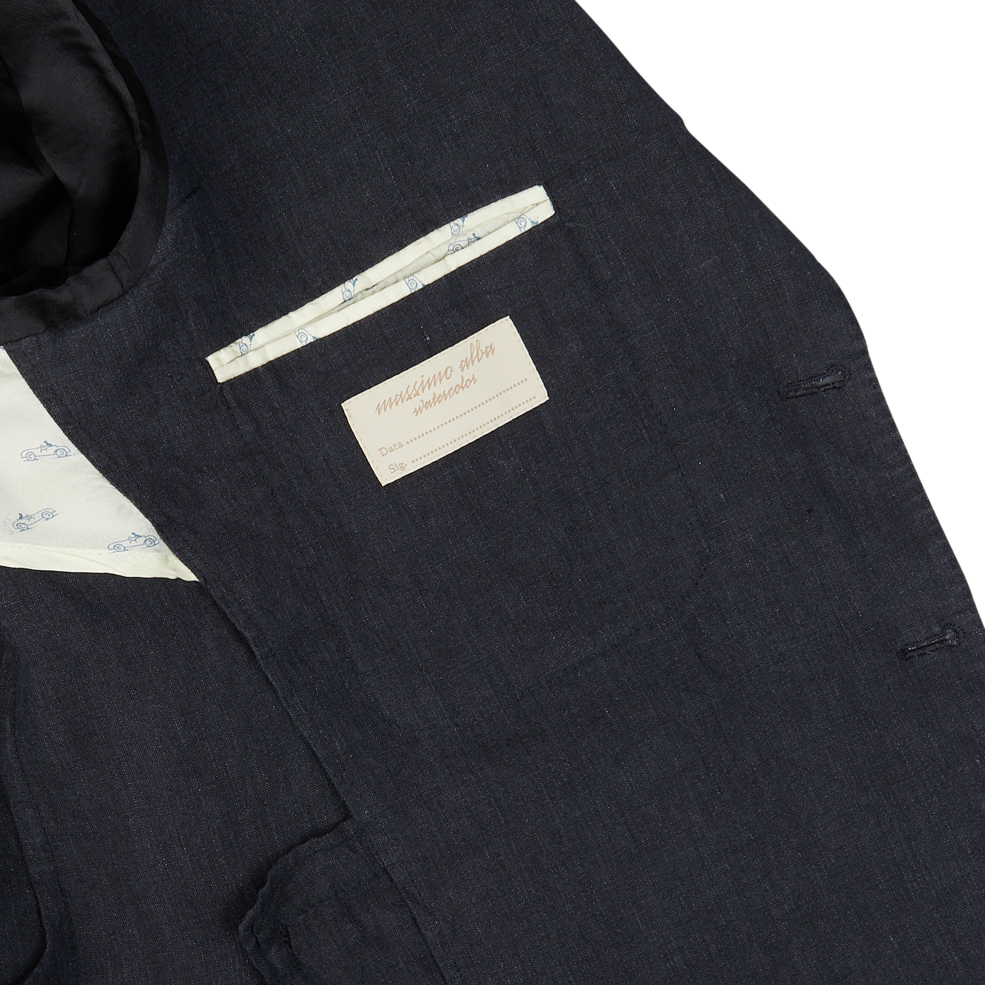 Close-up of a black Massimo Alba linen blazer with a designer label and patterned lining.
