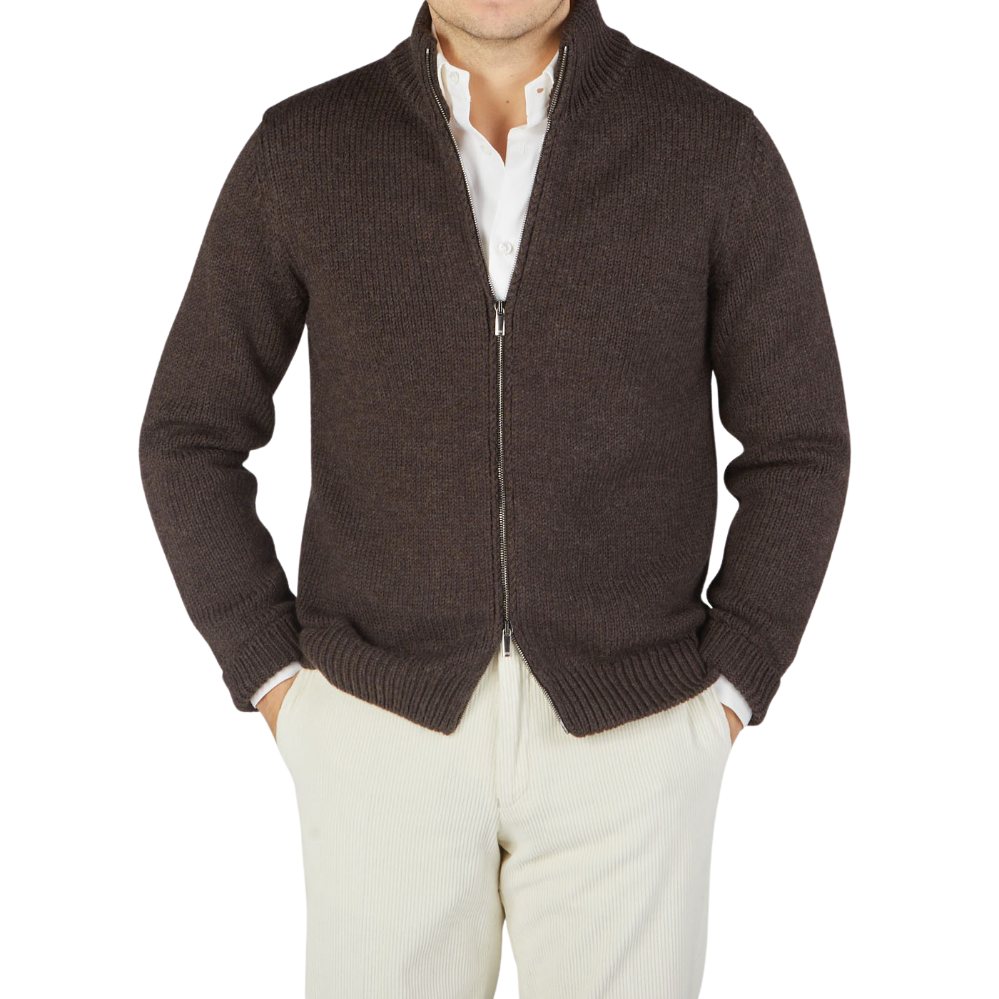 A man in a Dark Brown Heavy Wool Maxim Zip Jacket made by Massimo Alba and white pants.