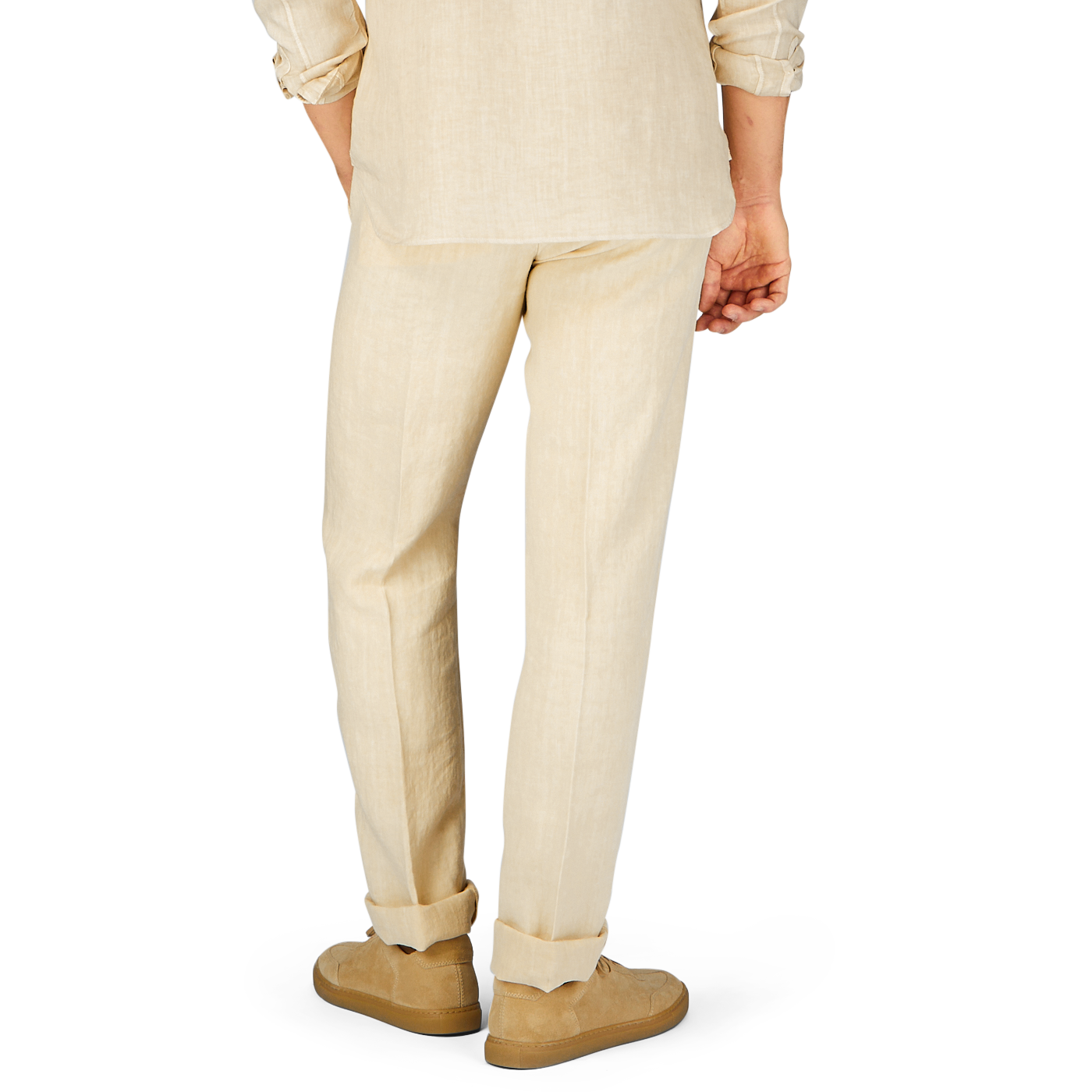 Person wearing Massimo Alba's Light Beige Linen Casual Trousers and matching shoes standing with one hand in pocket.