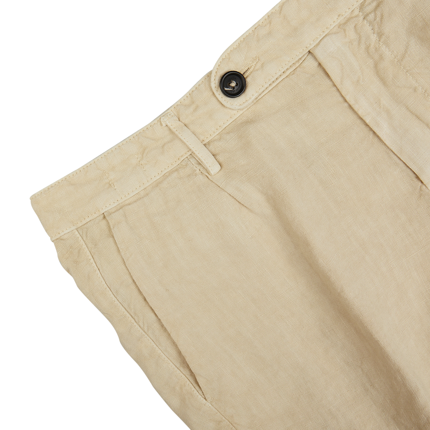 Close-up of a Massimo Alba light beige pure linen canvas trouser waistband with a button closure.
