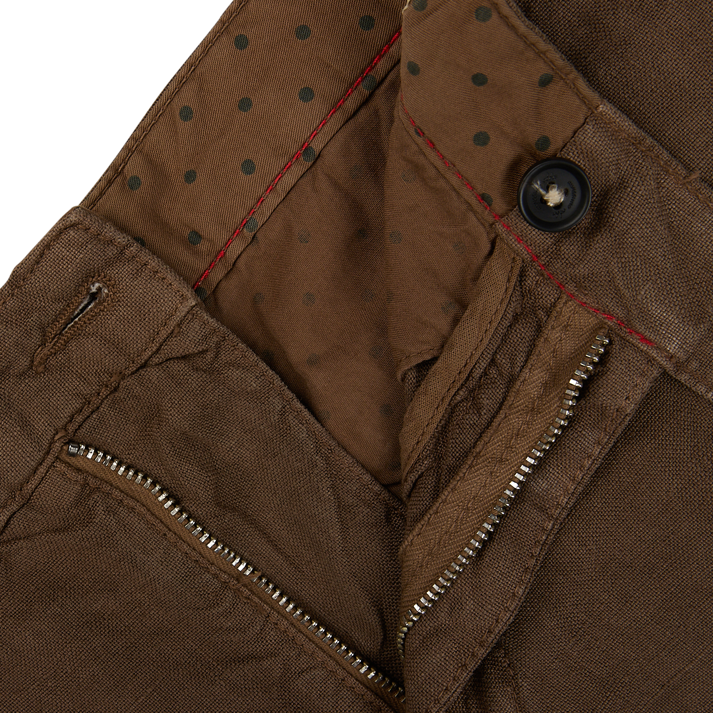 Close-up of a brown jacket with a zipper and button closure, featuring red stitching and green polka dot lining, and paired perfectly with Massimo Alba Light Brown Linen Casual Trousers.