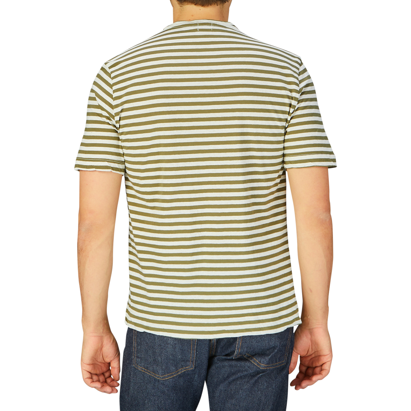 A person from behind wearing a Massimo Alba Olive Green Striped Cotton Linen T-Shirt and blue jeans.