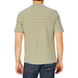 A person from behind wearing a Massimo Alba Olive Green Striped Cotton Linen T-Shirt and blue jeans.
