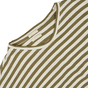 Olive green and white striped, garment-dyed t-shirt on a white background by Massimo Alba.