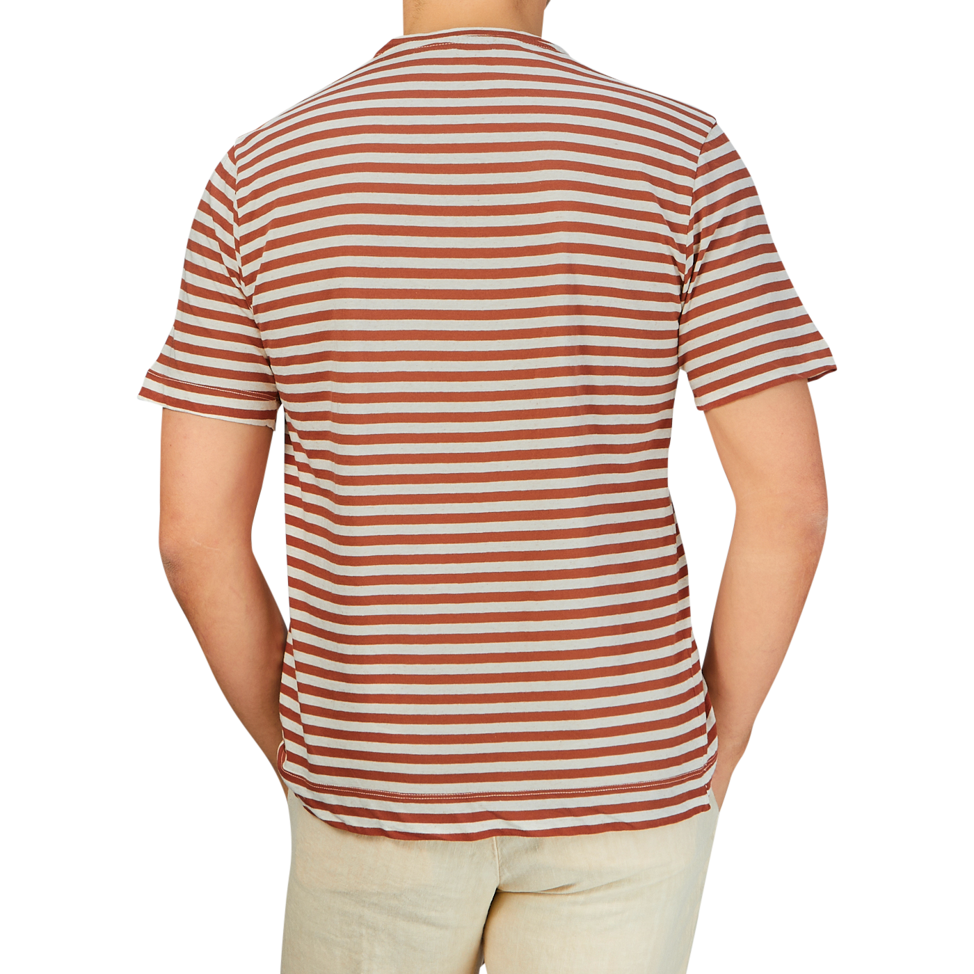 A person from behind wearing a Massimo Alba Rust Brown Striped Cotton Linen T-Shirt with red and white horizontal stripes.