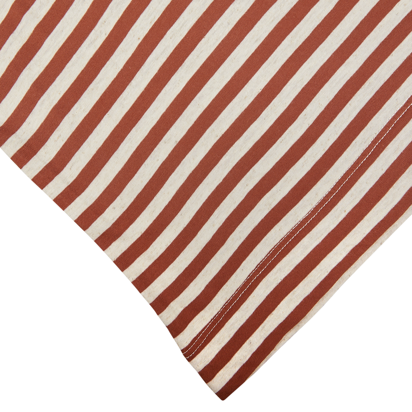 Red and white striped, garment-dyed Rust Brown Striped Cotton Linen T-Shirt fabric diagonally arranged on a white background by Massimo Alba.