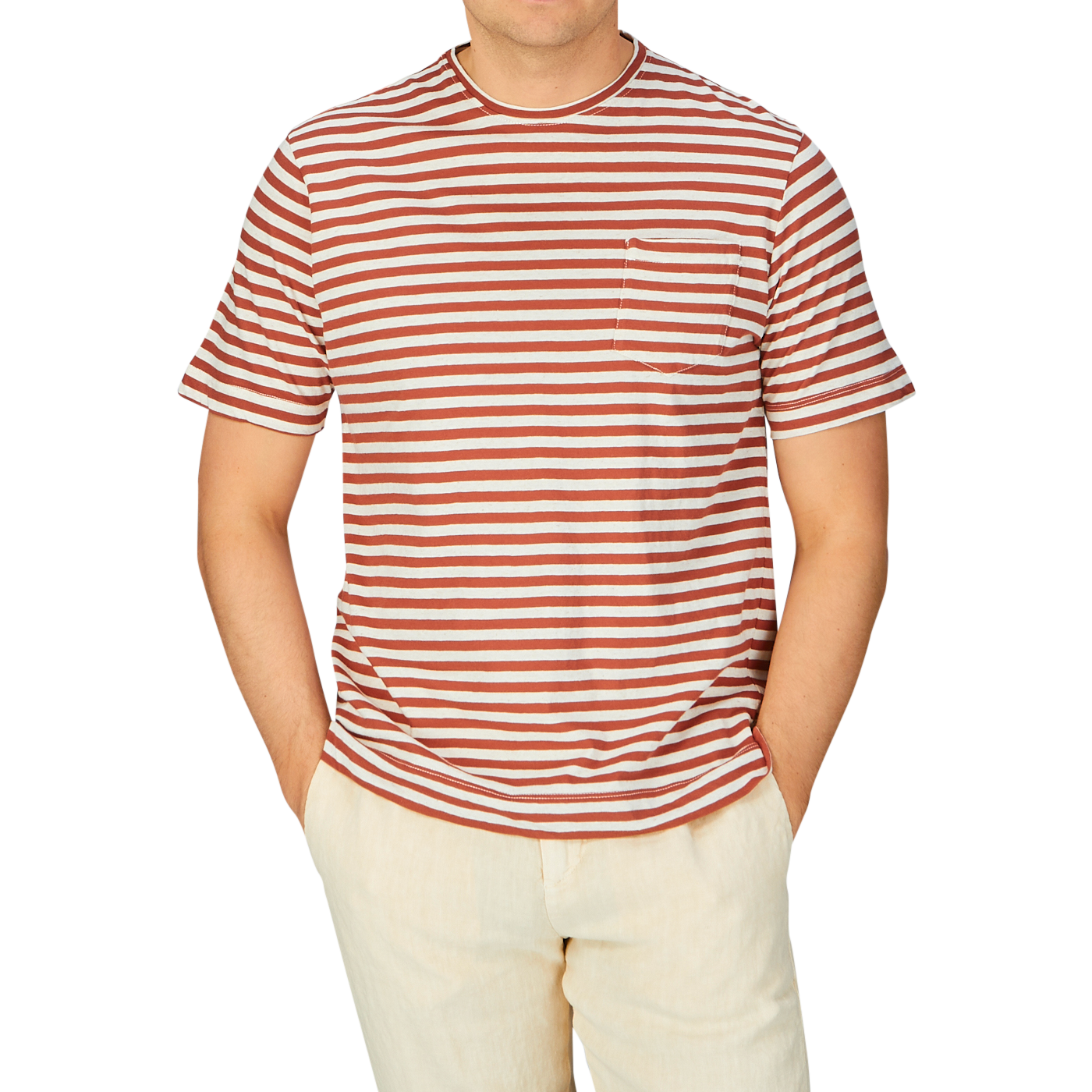Man wearing a Massimo Alba Rust Brown Striped Cotton Linen T-Shirt with beige pants.